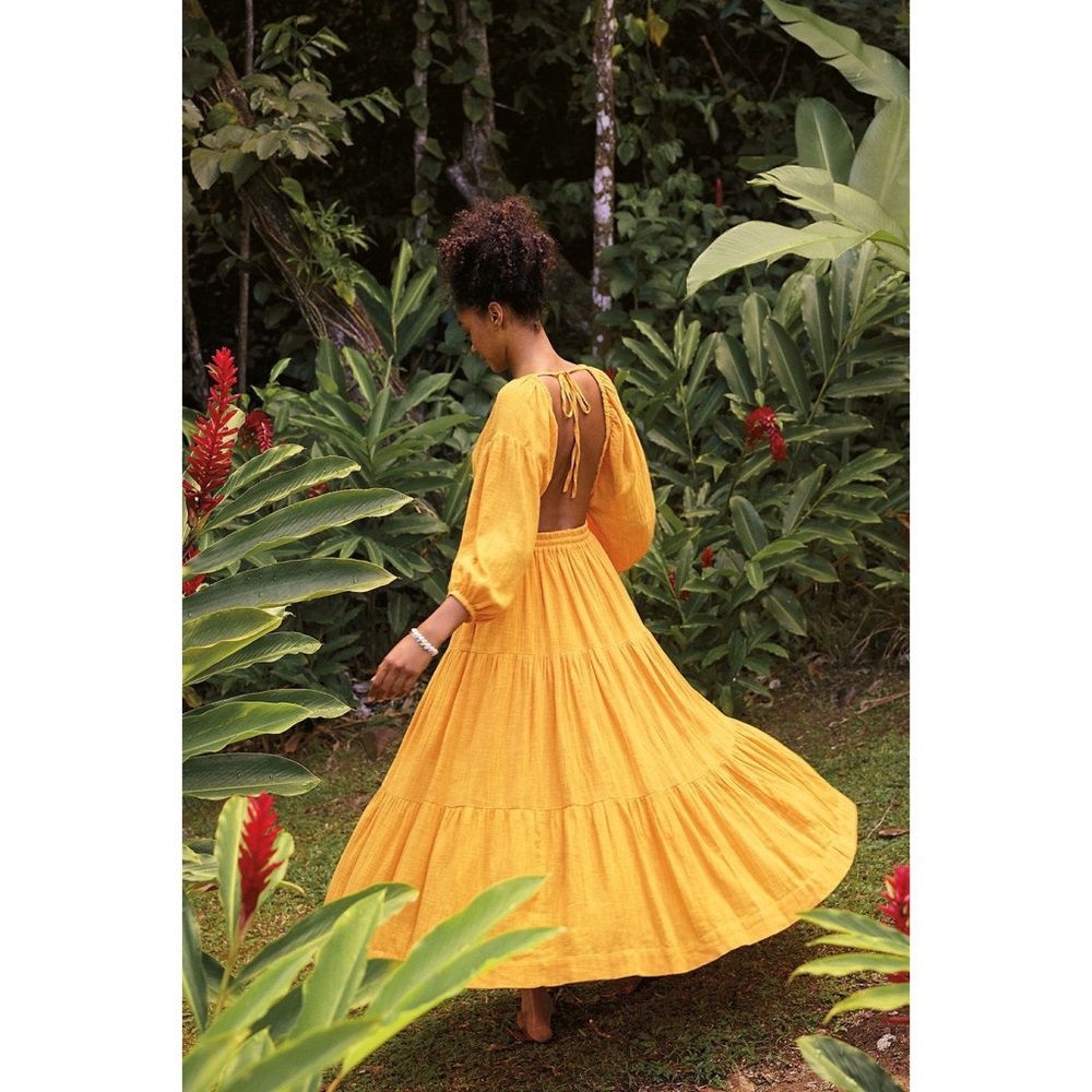 Free People Ibiza Yellow Orange Sundress Open Back Midi Maxi Dress